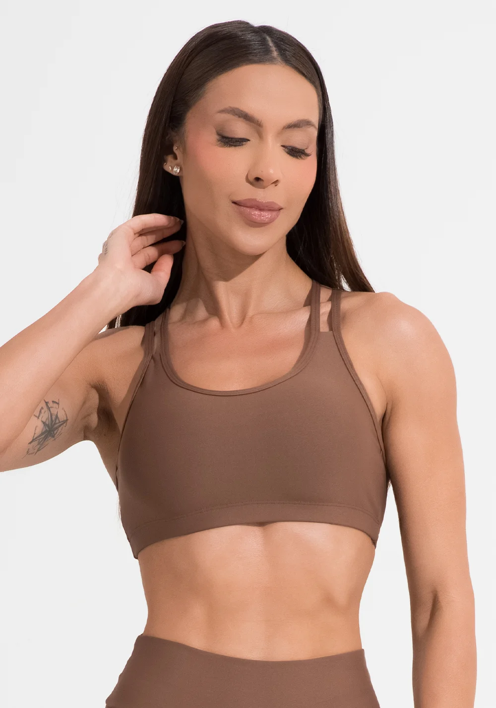 Top fitness feminino marrom com alça dupla aura dlk