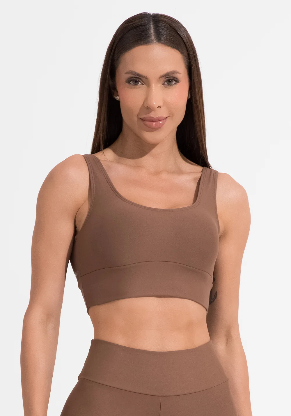 Top fitness feminino marrom com alça larga aura dlk