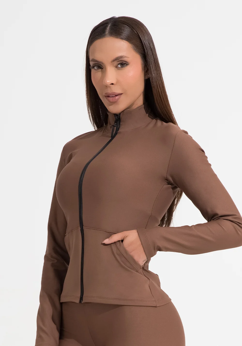 Casaco fitness feminino marrom com zíper e bolsos aura dlk